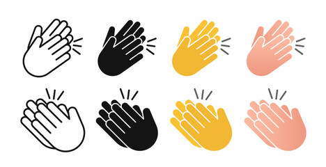 Clapping hands sign icon set. Congratulation clap vector icon. Applause handclap emoji vector sign. Appreciate vector sign in black filled and outlined style.