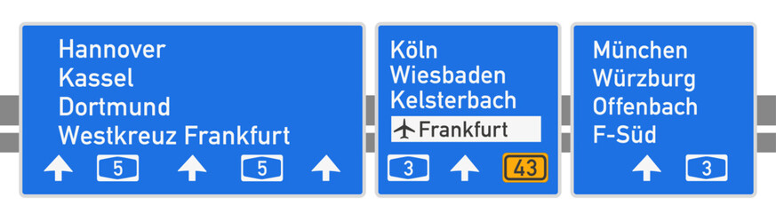 Autobahntafel auf BAB A5 vor der Westkreuz Frankfurt, Nachbildung, Zeichnung