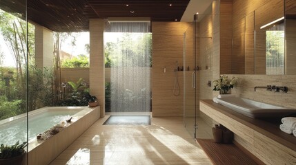Fototapeta premium Relaxing bathroom with spa-like features, including a rainfall shower and natural materials