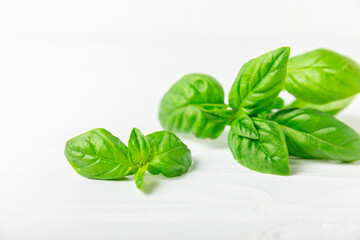 Green basil leaves on a textured wooden background. Kitchen herbs, spices. Fresh green organic basil. Vegan. Greens for salad. Place for text. Copy space.