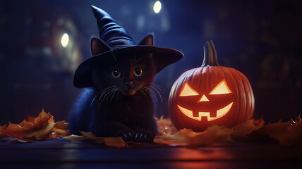 Naklejka premium A cute black cat and Jack O Lantern in the dark room, Halloween concept