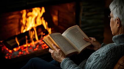 Retired person peacefully reading by a fireplace, symbolizing the warmth and stability a solid pension plan can bring, cozy retirement, pension stability