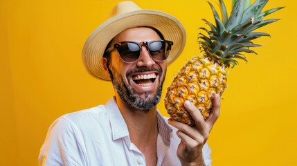 A joyful businessman with a wide grin, sporting sunglasses and a beach hat, enthusiastically holding a fresh pineapple.