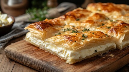 Burek with cheese - national dish, popular in the Balkans. Byrek traditional Albanian food made with cheese. Balkan Bakery Breakfast Serving of Byrek Cheese Pie with Feta and Flaky Filo Pastry