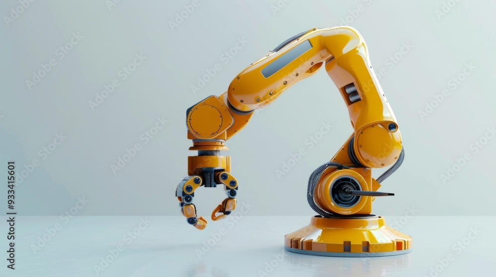 Poster automation factory industry 4.o concept with one robotic arm on light background with empty space