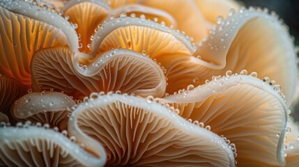 A macro photograph of a rainforest mushroom's gills