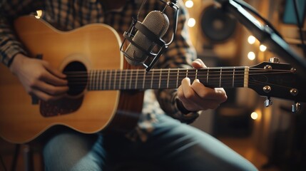 Obraz premium Singer-songwriter playing an acoustic guitar and singing into a microphone in a recording studio