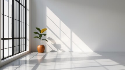 Minimalist Modern Office with Large Windows and Potted Plant in Natural Light
