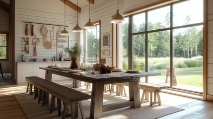 Fototapeta premium Spacious dining room with a large table, bench seating, and a mix of modern and rustic decor