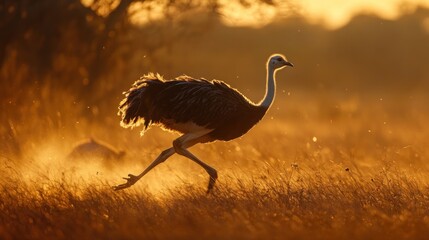 Ostrich Running Through Golden Grass