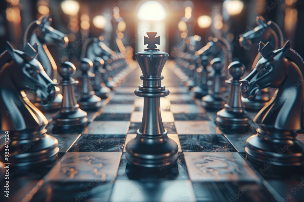 Poster A detailed image of a chess board filled with chess pieces, ideal for use in editorial or commercial contexts