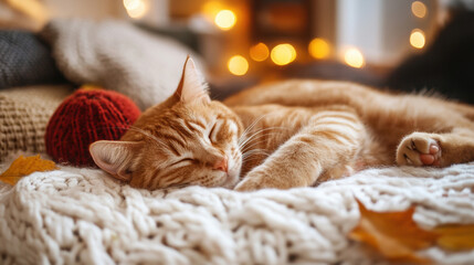 Naklejka na ściany i meble A cat sleeping on a blanket with some fall decorations, AI