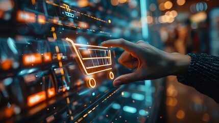 Concept of digital online marketing and commerce sales. Woman using m-banking, omni channel, tablet payments, online shopping, and icon customer network connection on holographic virtual screen