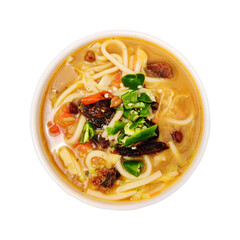 Thukpa served in a bowl isolated on a white background. Non-vegetarian Tibetan noodle soup.