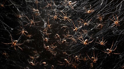 A web of spiders interconnected, transporting prey to the center, forming a natural transport network