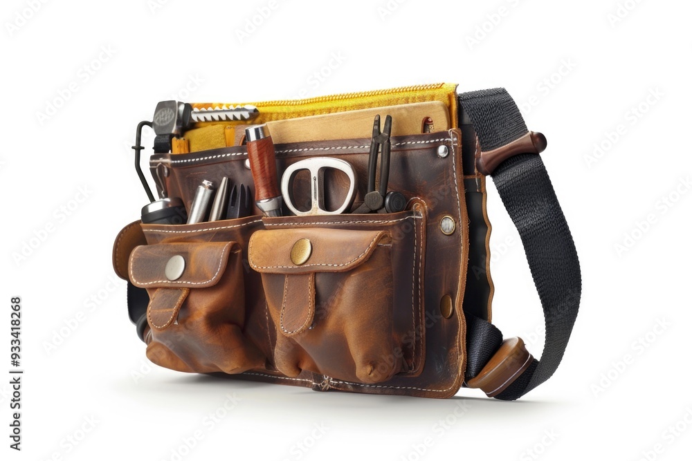 Poster a brown leather tool bag with a pair of scissors inside, great for diy projects or crafting