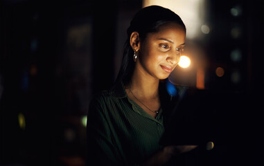Late, businesswoman and tablet in office for research, connection and online ideas for problem...