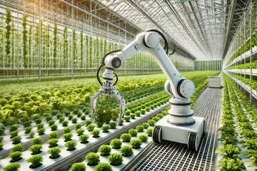 Futuristic greenhouse with robotic automation for plant cultivation