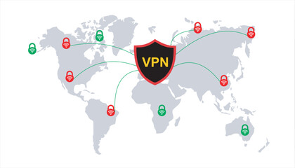 Obraz premium Cyber Security Concept : Hacker on world map digital background, VPN shield with key, wifi sign and check mark. world map private network connectivity, successful connection, privacy