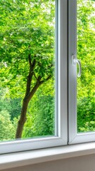 Fototapeta premium A view of lush green trees from a modern white window, showcasing nature's beauty in a bright residential setting on a sunny day