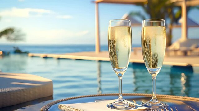Two glasses of champagne on a table near a sun lounger and a pool with blue water, View from the hotel on background	