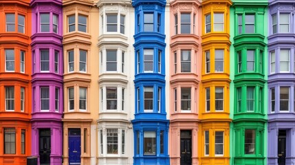 Fototapeta premium A vibrant row of Victorian townhouses showcases a mix of red, brown, and blue facades against a bright blue sky, highlighting unique architectural details.