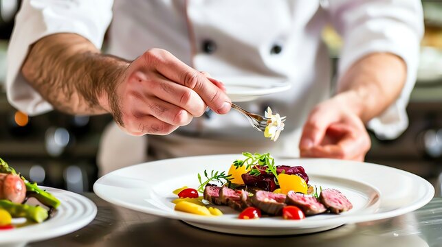 A chef is plating a gourmet meal.