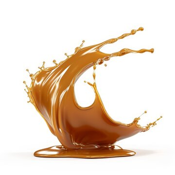 recommend clip art: 3d render, abstract shape of liquid caramel splash, toffee or nougat cooking ingredient, splashing maple syrup. Clip art set isolated on white, Generative AI
