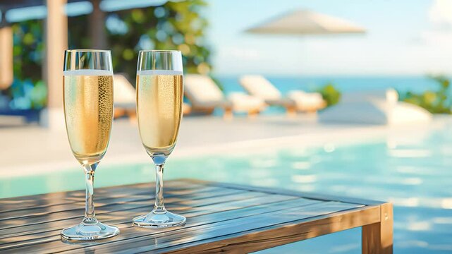 Two glasses of champagne on a table near a sun lounger and a pool with blue water, View from the hotel on background	