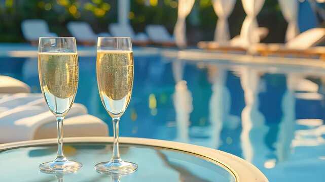 Two glasses of champagne on a table near a sun lounger and a pool with blue water, View from the hotel on background	