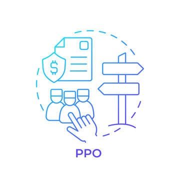 PPO blue gradient concept icon. Prefered provider organization. Advantage health plan. Medical insurance. Round shape line illustration. Abstract idea. Graphic design. Easy to use in brochure