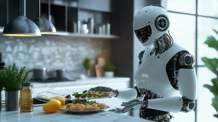 Advanced AI-Driven Robot Chef Preparing Gourmet Meals in a Modern Kitchen, Utilizing Cutting-Edge Technology, Precision Cooking Techniques, and Intelligent Recipe Adaptation for Culinary Excellence