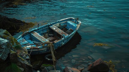 Obraz premium A small blue boat floating on the surface of the water, with no signs of movement or disturbance