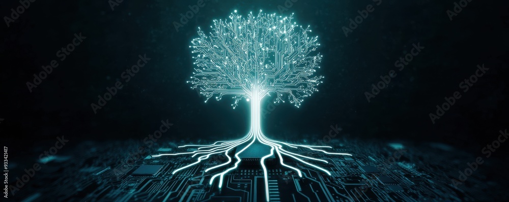 Poster futuristic tree concept with circuit board roots representing technology and nature fusion in a digi