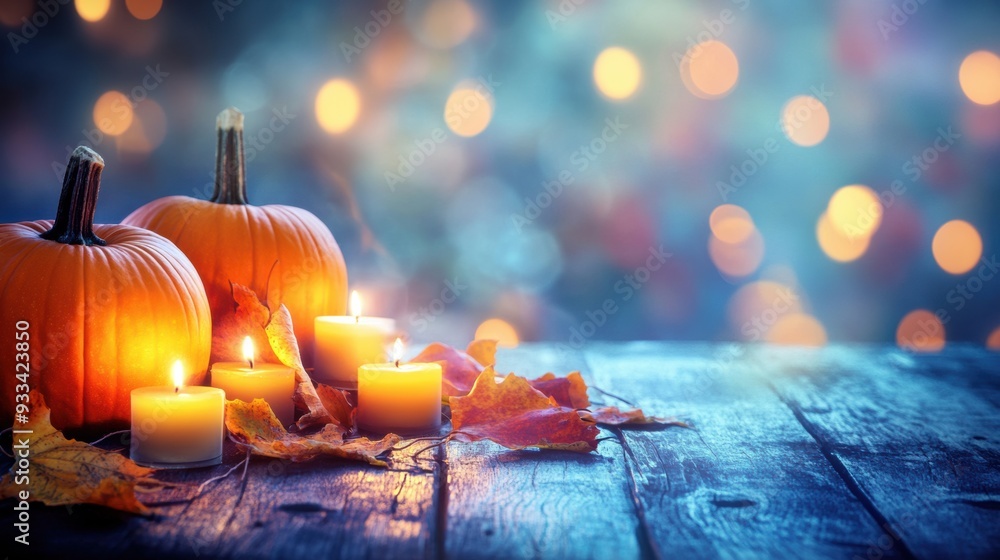 Poster two pumpkins and candles on a table with leaves, ai