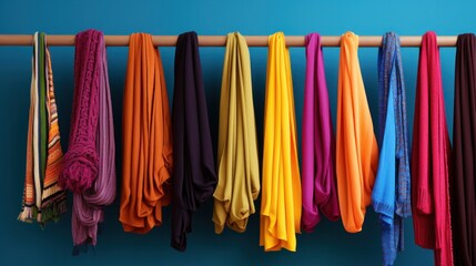 A rack of colorful scarves hanging neatly