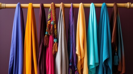 A rack of colorful scarves hanging neatly