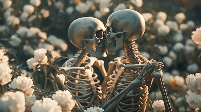 Two skeleton man and woman holding hands and kissing the skull from behind surrounded by white flowers in a garden. Two skeleton couple hugging together	