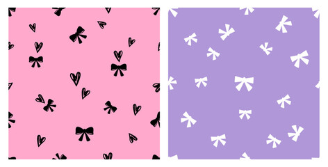 Seamless pattern with ribbon bow and hand drawn hearts on pink background. Seamless pattern with white ribbon bow on purple background vector.