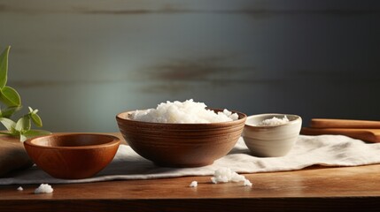A rustic scene of a wooden table adorned with a simple ceramic bowl filled with perfectly cooked rice, evoking a sense of warmth and homeliness.