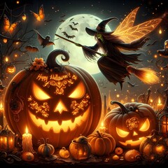 Halloween background with pumpkins and witch in front for wish card 