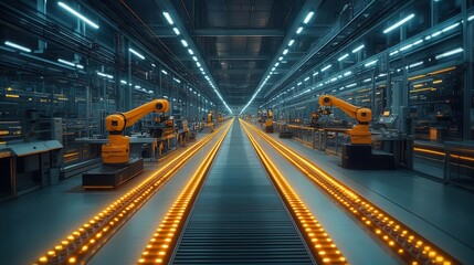 hightech automotive assembly line robotic arms precisely fitting components conveyor belts futuristic factory interior