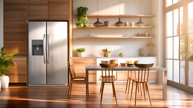 Frontal view refrigerator in a modern kitchen with table and chairs, kitchen, modern cabinets, house kitchen on a sunny day	