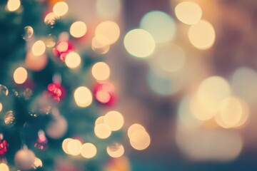 Obraz premium Blurred Christmas tree lights with vintage bokeh in a dark scene.