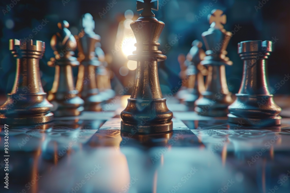 Poster A group of chess pieces arranged on a chess board, ready for play