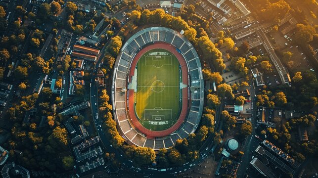 Aerial view of Alexander Stadium in Birmingham during sunset