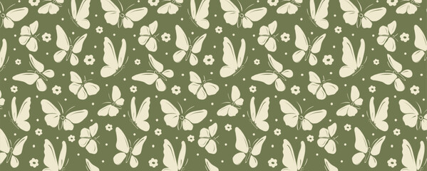 Vintage pattern with butterflies, flowers and dots. Vector seamless background in retro style. Summer wallpaper for postcards, textiles and fabrics