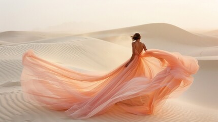 Naklejka premium A woman twirls in a pastel pink and peach dress, her fabric billowing elegantly in the warm breeze of the desert landscape