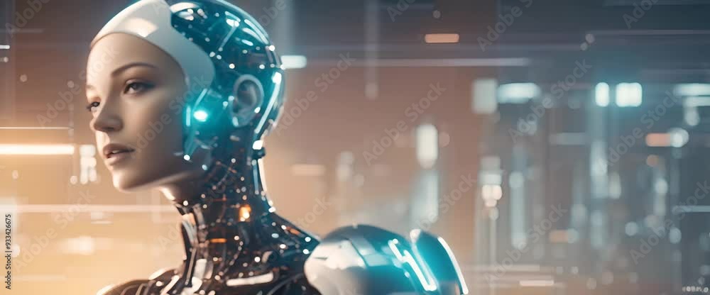 Poster futuristic ai humanoid with digital interface overlay symbolizing advanced technology 4k animation