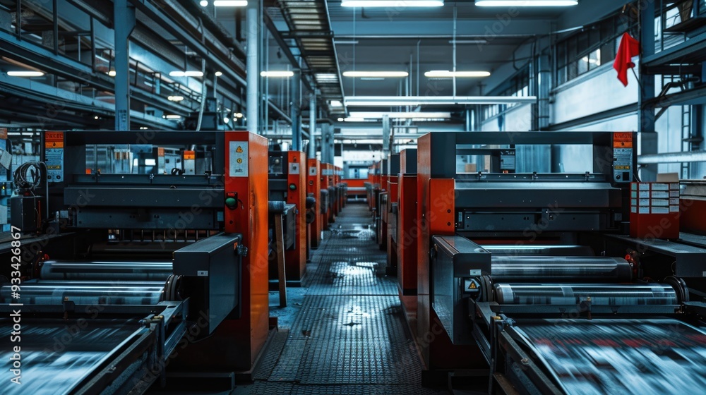 Poster a busy factory with many machines and equipment